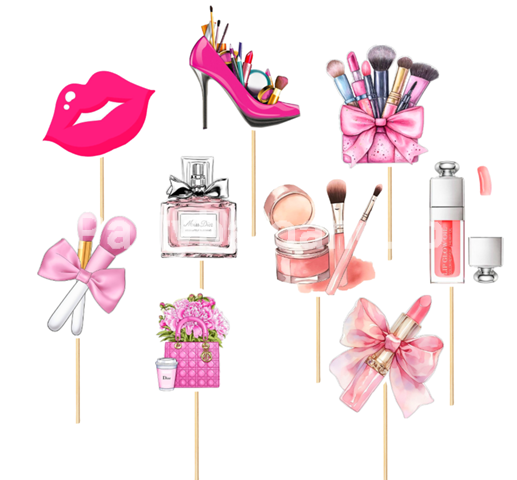 Toppere Tort Makeup si Cosmetice Roz (Cosmetics / Beauty) 8-15 cm Set de 9 toppere decorative din carton pentru tortul fetelor