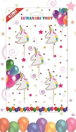Set 5 Lumânări Tort Unicorn 3D - Decor Magic Aniversare Copii Set 5 lumanari de tort forma 3D unicorn cu coama aurie pentru aniversare copii si petreceri tematice.