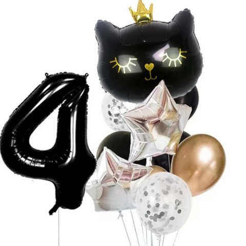 Set 11 baloane folie si latex cu cifra 4 - Pisica neagra