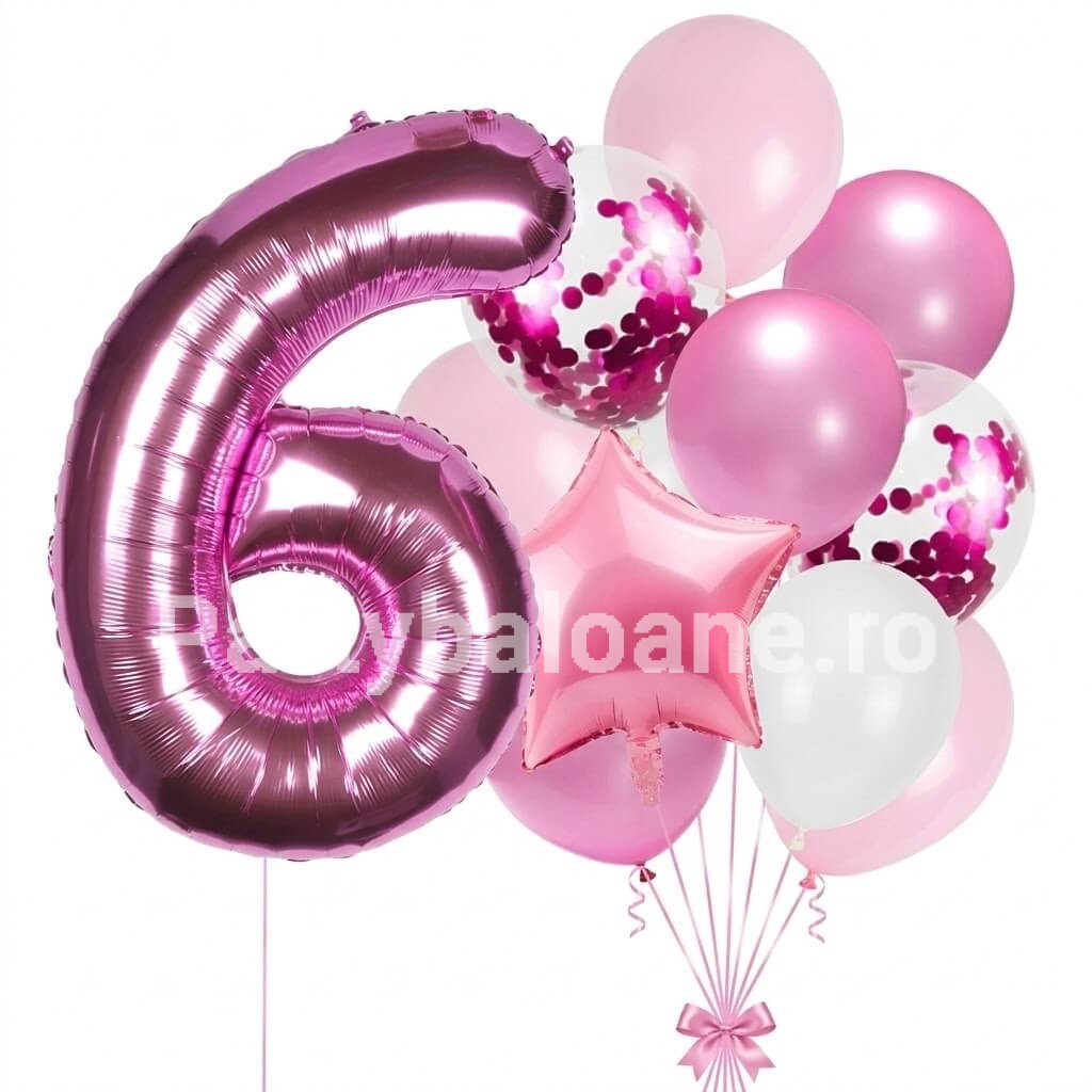 Set 12 Baloane Aniversare Cifra 6 Roz Fucsia 100 cm Set 12 baloane pentru aniversarea de 6 ani fete
