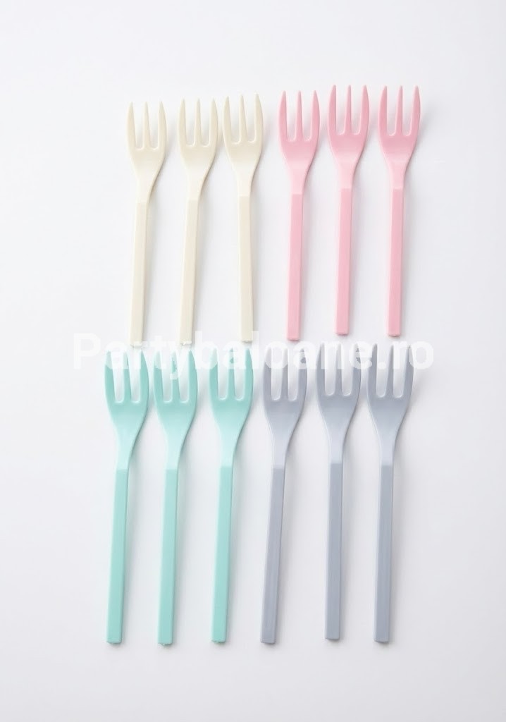 Set 12 Furculite Desert din Plastic – Culori Pastelate Mixte