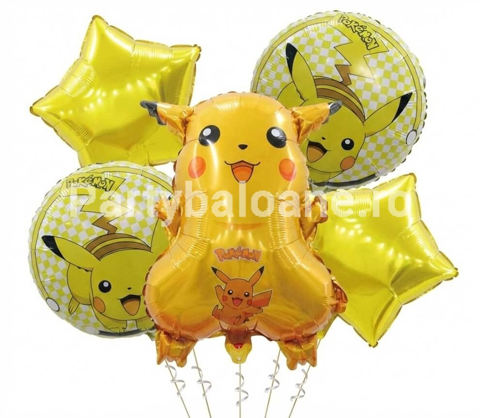 Set 5 Baloane Folie Pokemon Pikachu - Kit Aniversare CopiI Set 5 baloane folie tematica Pokemon Pikachu cu balon gigant personaj si baloane stea pentru aniversare copii.