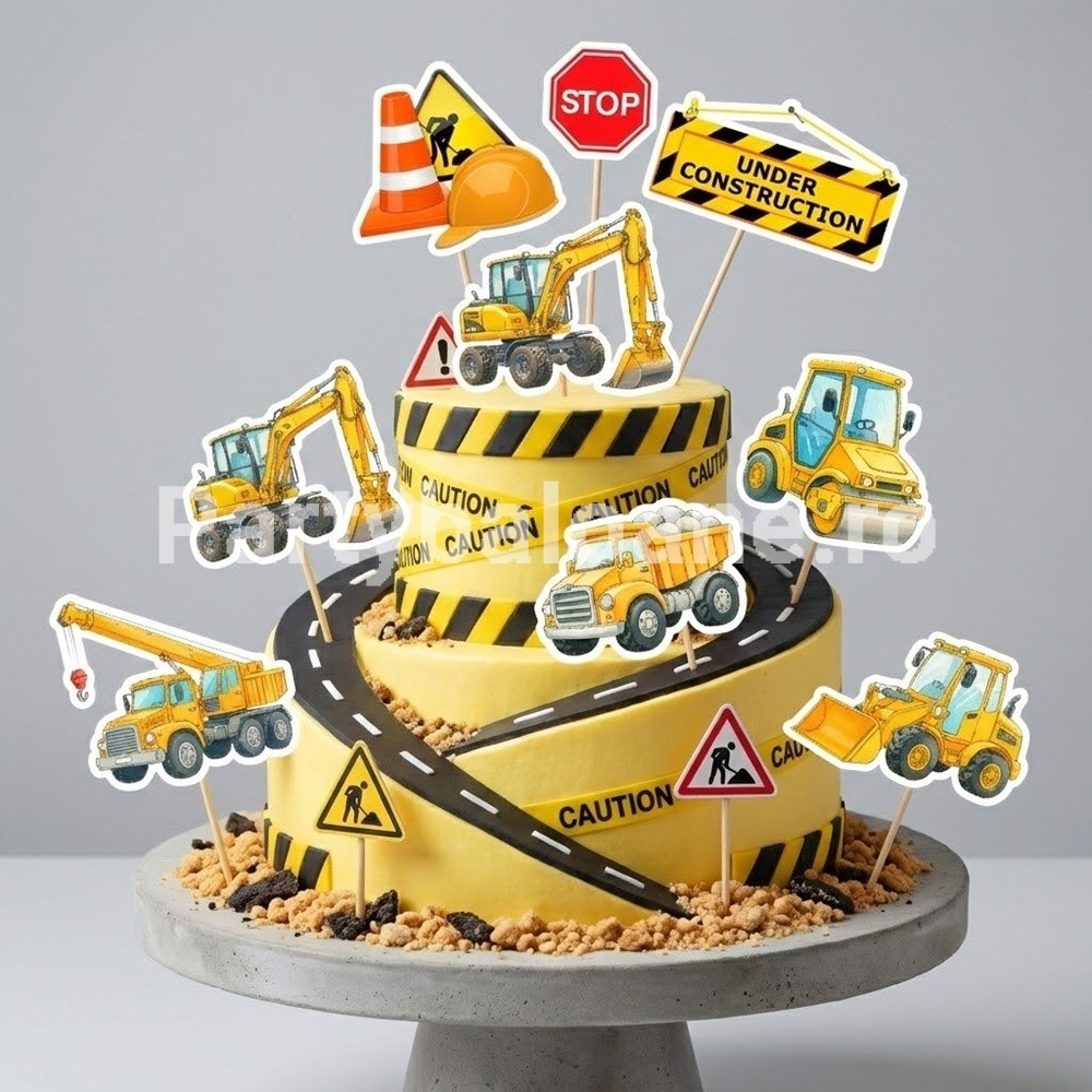 Set Toppere Tort Santier si Utilaje Constructii (9 Piese) 4-7 cm Un set din 9 toppere decorative din carton pentru tortul baietilor
