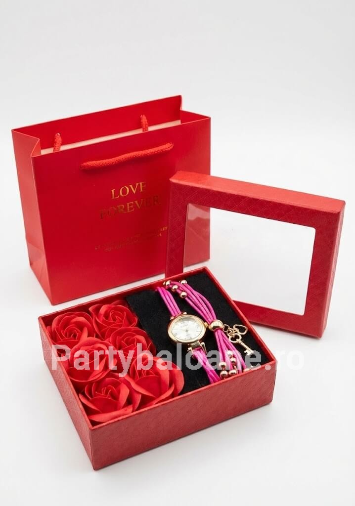Set Cadou Premium Ceas Elegant Roz de Damă și Trandafiri de Săpun Parfumați (Include Pungă Cadou)