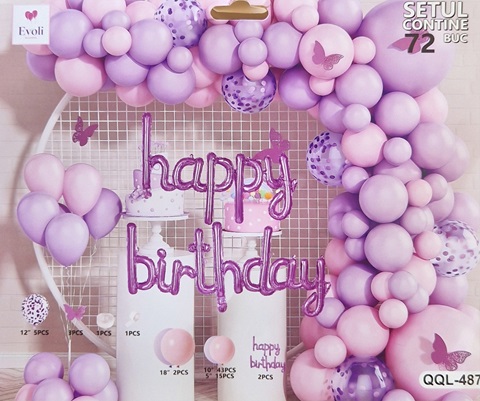 Set aranjament baloane in nuante de mov si roz macarons cu banner Happy Birthday