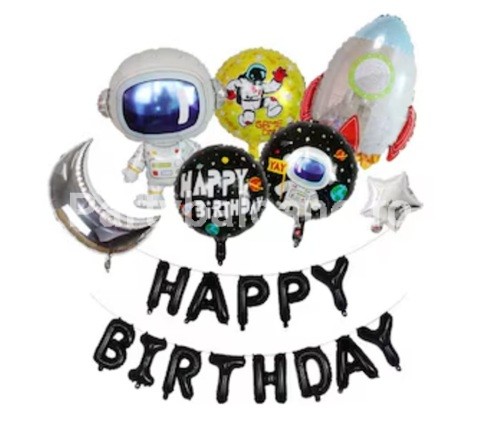 Set Baloane Astronaut Happy Birthday – Decor Petrecere Spațiu (8 Piese) Set 8 baloane folie si latex tematica astronaut racheta luna si banner happy birthday pentru petrecere aniversara baieti.