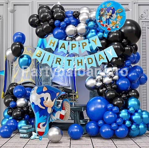Set ghirlanda din baloane Sonic cu banner Happy Birthday