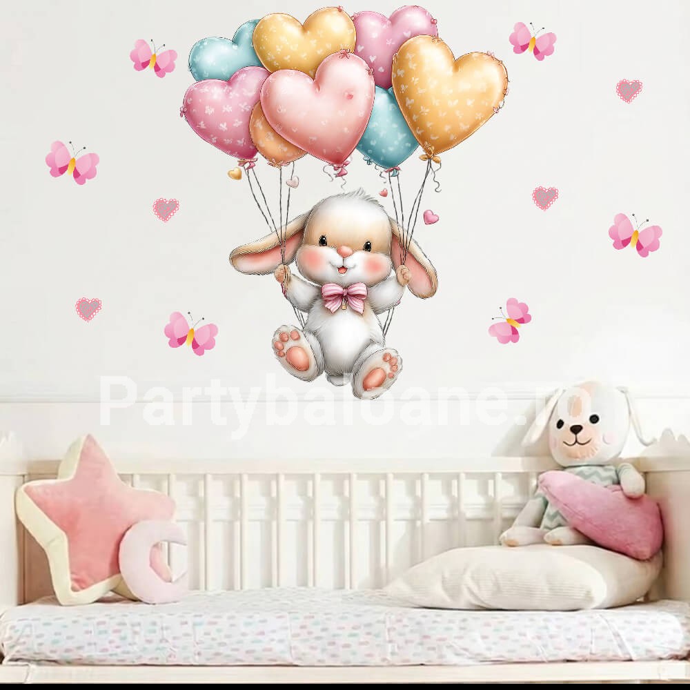 Sticker Perete Iepuraș cu Baloane Inimă – Decor Premium Repoziționabil COD 527B Sticker decorativ premium cu aspect de acuarelă pentru camera bebelușului