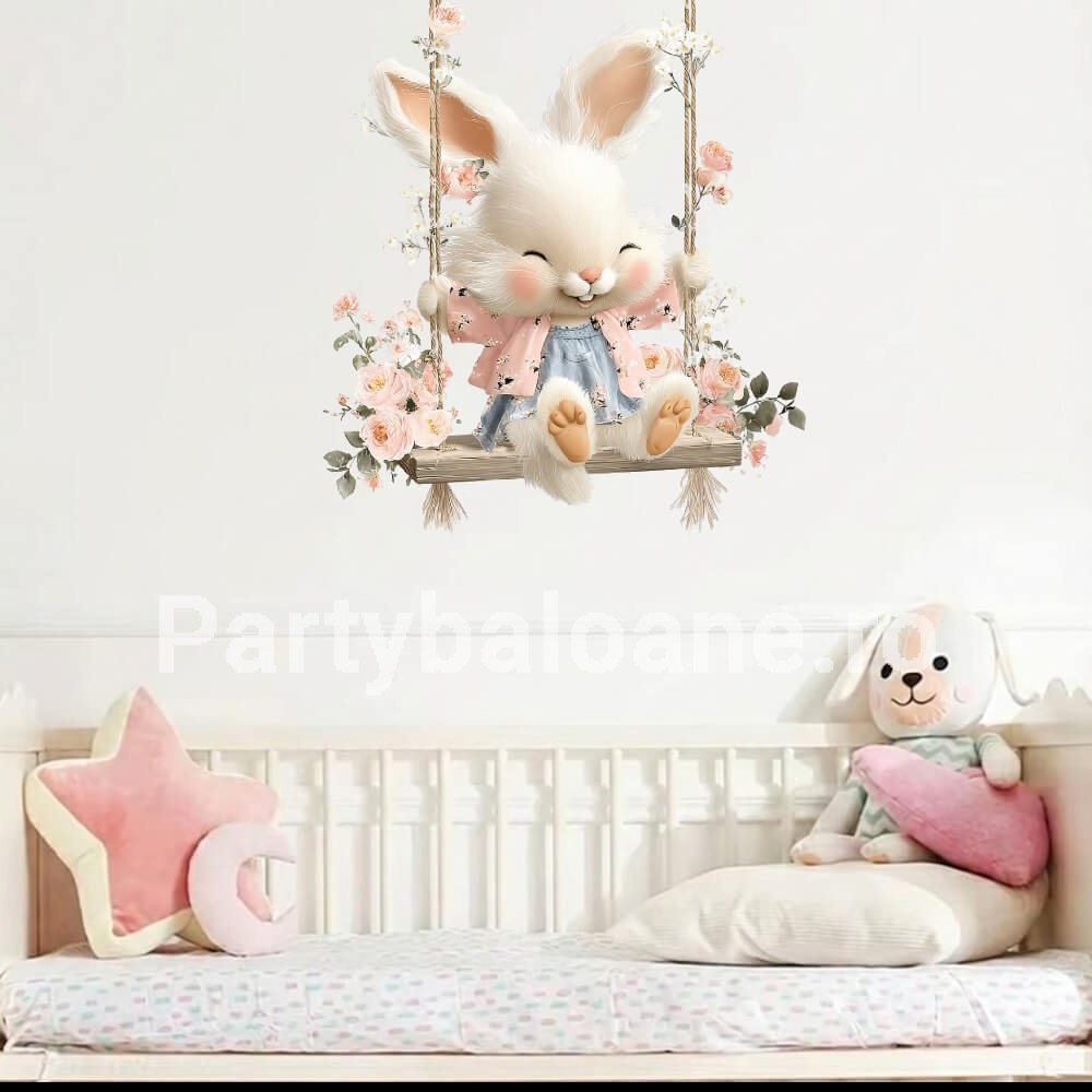 Sticker Perete Iepuraș pe Leagăn cu Flori – Decor Premium Repoziționabil COD 528B Sticker decorativ premium cu aspect de acuarelă