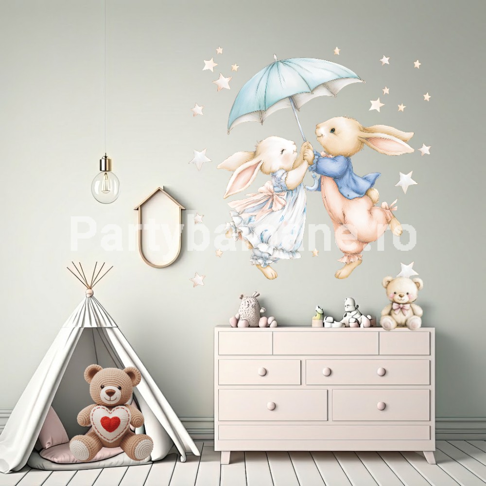 Sticker Perete Iepurași cu Umbrelă și Steluțe Cod 505B