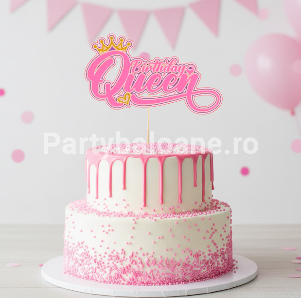Topper Tort Birthday Queen Roz (Carton) 12x7 cm Un topper decorativ vibrant din carton pentru tort