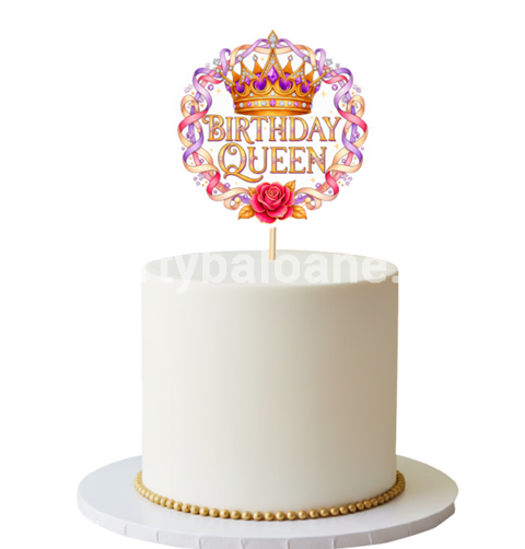 Topper Tort Birthday Queen (Coronita si Trandafir) 11 x 11 cm Un topper decorativ din carton pentru tortul doamnelor