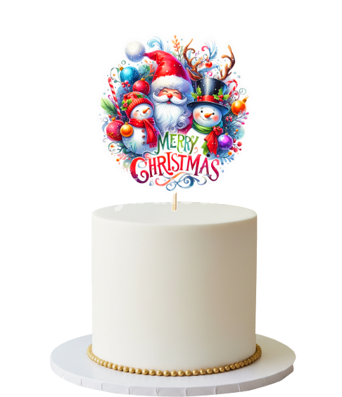 Topper Tort Mos Craciun Merry Christmas (Carton) 14x13.5 cm - Model 5 Un topper masiv din carton pentru decorarea tortului de Craciun. Grafica in stil acuarela este foarte colorata si plina de detalii
