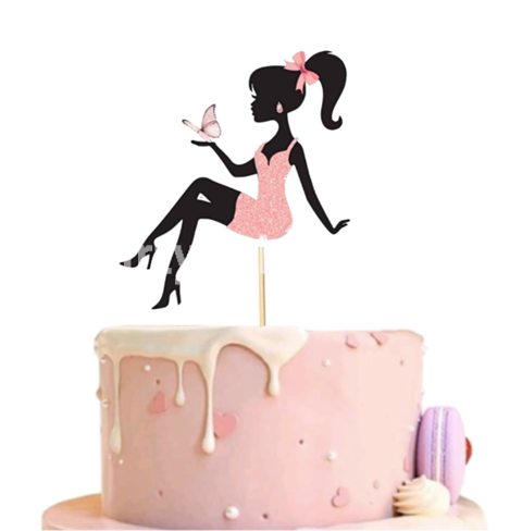 Topper Tort Fata cu Fluture Silueta Roz (Pink / Negru) Un topper decorativ din carton pentru tortul fetelor si femeilor