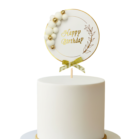 Topper Tort Happy Birthday Alb si Auriu