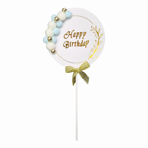 Topper Tort Happy Birthday Alb si Bleu Cod 104 - 15cm Topper diafan pentru tort aniversar din carton si textil cod 104. Design rotund alb