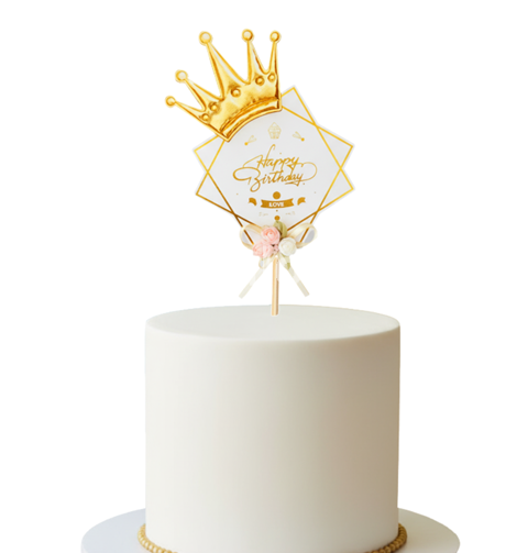 Topper Tort Happy Birthday cu Coronita (White & Gold)15x10.5 cm- Cod 105 Topper elegant pentru tort aniversar din carton cod 105. Design cu romburi suprapuse alb si auriu
