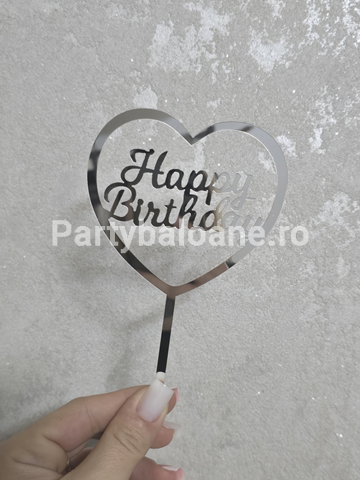 TOPPER PENTRU TORT HAPPY BIRTHDAY INIMA ARGINTIE - COD 8205
