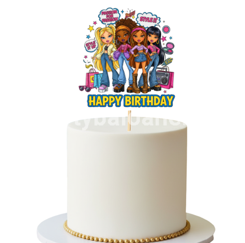 Topper Tort Happy Birthday Papusile Bratz (Passion for Fashion) 12.5 x 12 cm Un topper decorativ din carton pentru tortul fetelor
