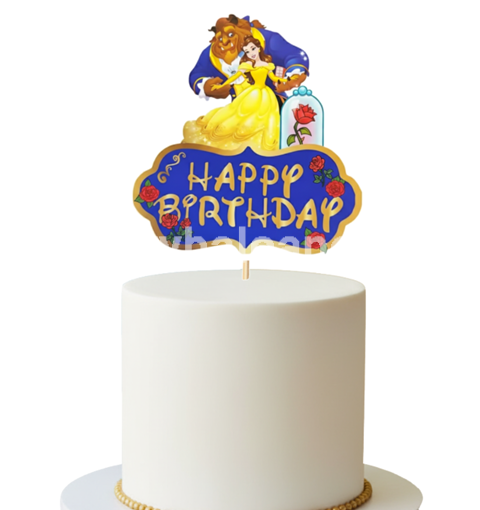 Topper Tort Happy Birthday Printesa Belle (Frumoasa si Bestia) 14 x 15 cm Un topper decorativ din carton pentru tortul fetelor