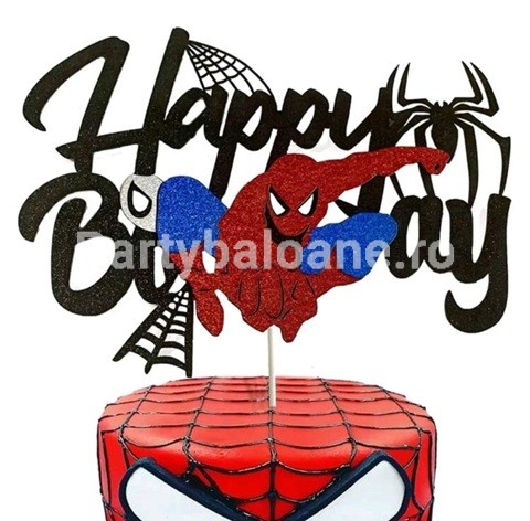 Topper Tort Happy Birthday Figurina Erou Actiune Carton 14x10 cm Topper de tort Happy Birthday cu design figurina erou in rosu si albastru din carton