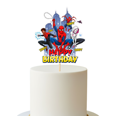 Topper Tort Happy Birthday Spiderman Marvel (Miles Morales si Gwen) 15 x 12 cm Un topper decorativ din carton pentru tortul baietilor