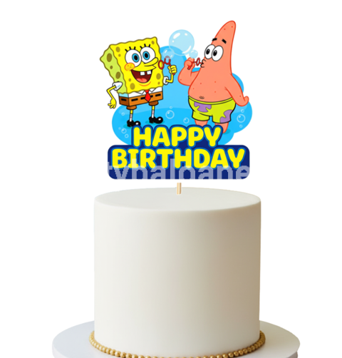Topper Tort Happy Birthday Sponge Bob (si Patrick) 14 x 13.5 cm Un topper decorativ din carton pentru tortul copiilor