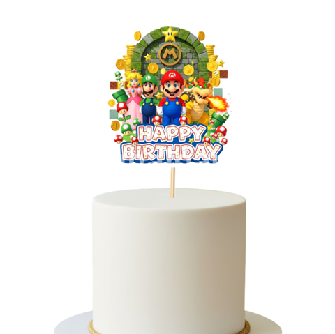 Topper Tort Happy Birthday Super Mario Luigi (cu Bowser) 15 x 13.5 cm Un topper decorativ din carton pentru tortul baietilor