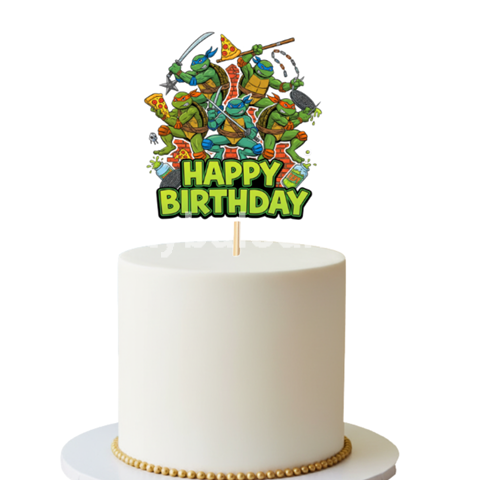 Topper Tort Happy Birthday Testoasele Ninja (TMNT / Verde) 13 x 13.7 cm Un topper decorativ din carton pentru tortul baietilor
