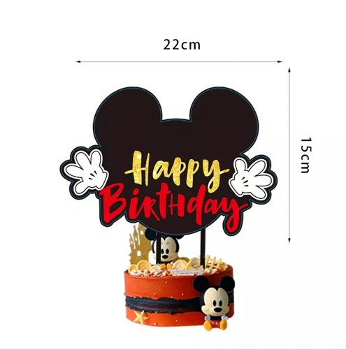 Topper Tort Mickey Mouse Happy Birthday (Carton) 15x14 cm Un topper decorativ din carton pentru torturi cu tematica Mickey Mouse. Topperul are forma siluetei negre a capului lui Mickey