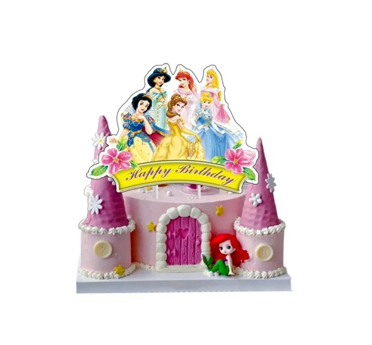 Topper Tort Printesele Disney Happy Birthday (Carton) 15x11 cm Un topper decorativ din carton pentru torturi aniversare cu tematica Printesele Disney. Grafica colorata le prezinta pe Belle