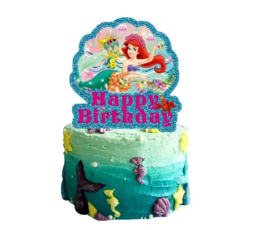 Topper Tort Sirena Ariel Happy Birthday (Carton) 15x14 cm Un topper decorativ din carton pentru tortul fetițelor