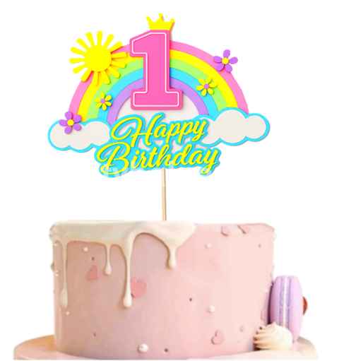 Topper Tort Happy Birthday Cifra 1 Curcubeu Roz (Pink / Roz Pastel) Un topper decorativ din carton pentru tortul de prima aniversare si botez