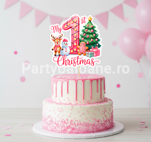 Topper Tort Primul Meu Craciun Roz (My 1st Christmas) 13x13.5 cm Un topper decorativ mare din carton pentru tortul fetitelor