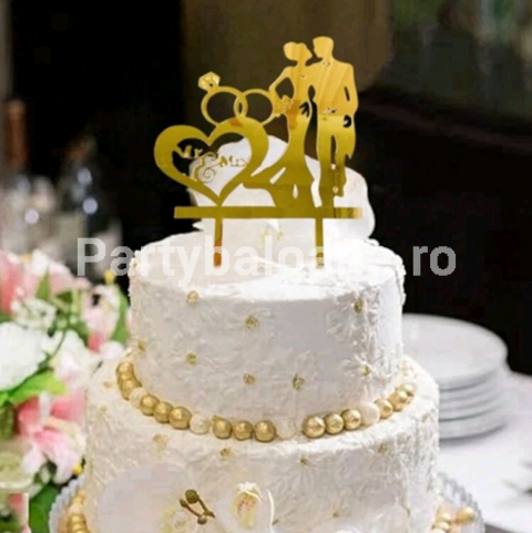 Topper Tort Mr & Mrs Siluete Nunta Auriu (Plexiglass) 16 x 12 cm Un topper decorativ elegant pentru tort de nunta