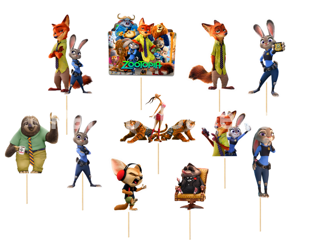 Set Toppere Tort Zootopia (11 Piese Carton) Judy si Nick 6 - 14 cm Un set format din 11 toppere decorative din carton pentru tortul copiilor