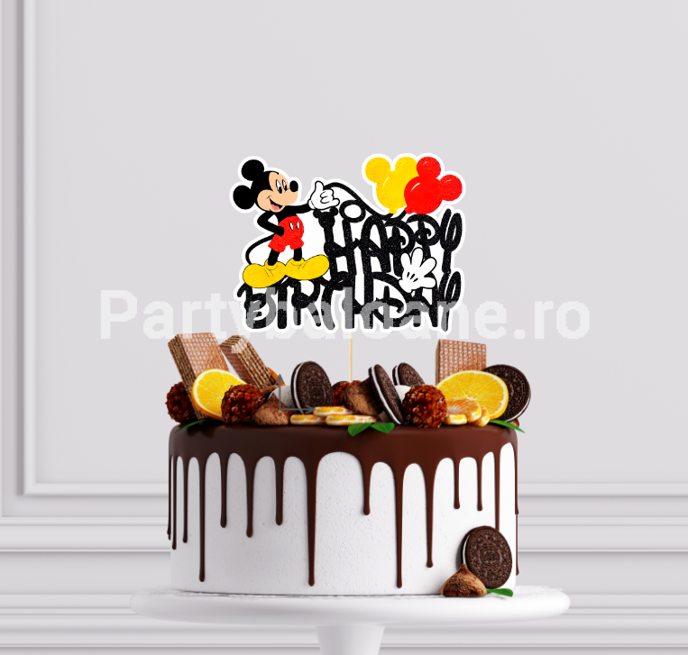 Topper Tort Mickey Mouse Happy Birthday (Carton) 14x11 cm Un topper decorativ din carton pentru tort cu tematica Disney Mickey Mouse. Topperul are mesajul Happy Birthday scris cu litere negre