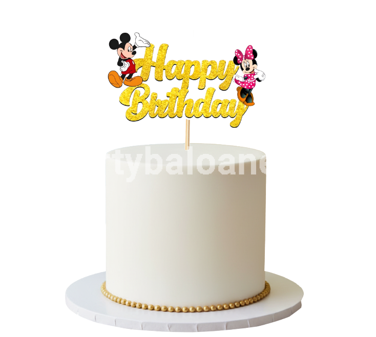 Topper Tort Mickey si Minnie Mouse Happy Birthday (Auriu) 14x9 cm Un topper decorativ din carton premium pentru tort cu tematica Disney. Topperul prezinta mesajul Happy Birthday realizat cu efect de sclipici auriu intens. In stanga textului este Mickey Mouse