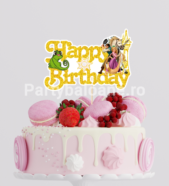 Topper Tort Rapunzel Happy Birthday (Auriu Glitter) 14x10 cm Un topper decorativ din carton pentru tortul fetitelor cu tematica Disney Tangled. Topperul prezinta mesajul Happy Birthday realizat cu efect de sclipici auriu. Literele sunt insotite de personajele