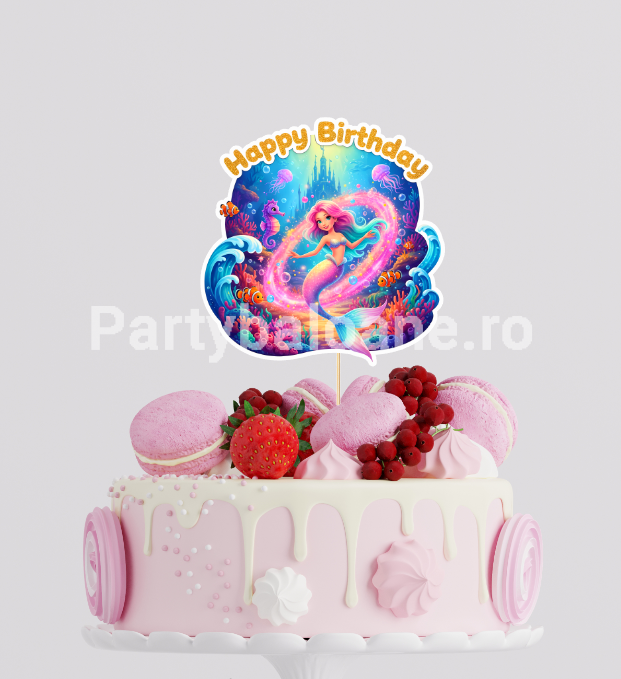 Topper Tort Sirena si Ocean Happy Birthday (Carton) 13.5 cm Un topper decorativ din carton premium pentru tortul fetitelor