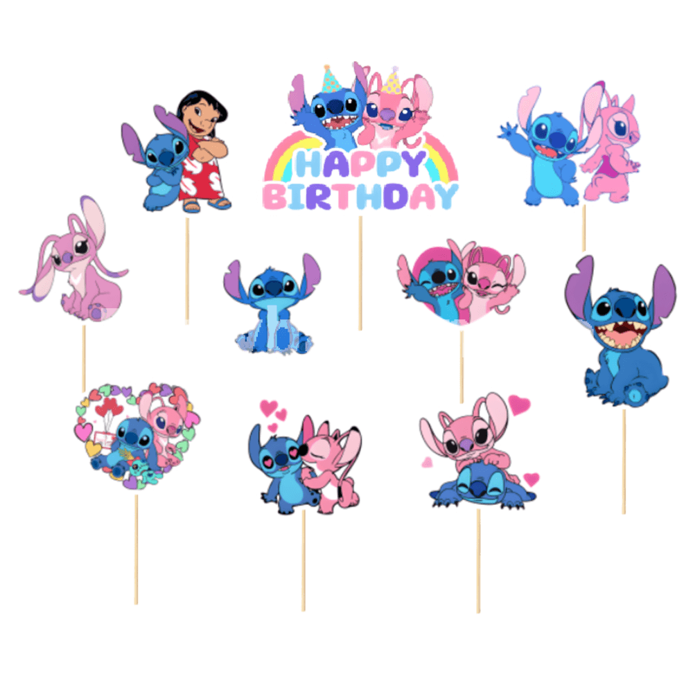 Toppere Tort Stitch si Lilo (Set 10 buc) - Decoratiuni Petrecere Disney Set 10 toppere tort Stitch si Lilo cu Angel si mesaj Happy Birthday pentru decoratiuni petrecere copii