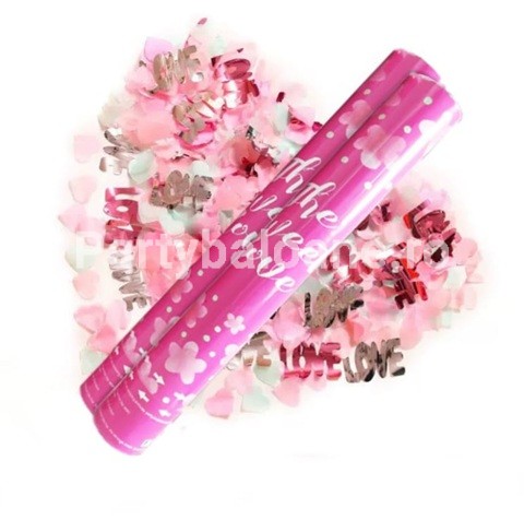 Tub Confetti LOVE Inimioare Roz si Alb 40 cm (Actionare Manuala) Tub cu confetti mecanism manual de 40 cm eliberand inimioare roz si albe cu mesajul metalizat LOVE pentru nunti si petreceri.