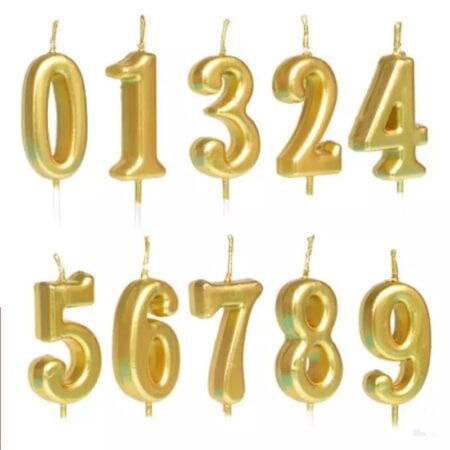 Lumânări Tort Cifre Aurii Chrome (0-9) – 15 cm cu Tijă Un set complet de lumânări pentru tort în formă de cifre