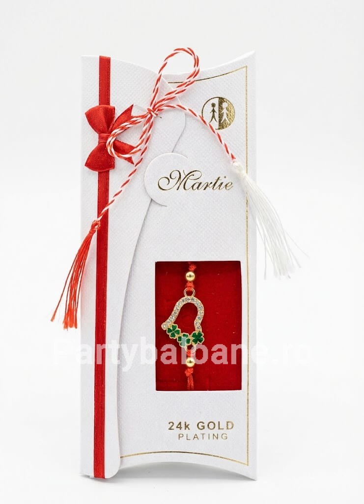 Mărțișor Brățară Inimă și Trifoi Placat Aur 24K - Cadou Premium Bratara martisor premium cu pandantiv inima contur cu cristale si trifoi verde placata cu aur 24K pe snur rosu in cutie alba de lux