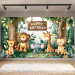Panou Foto Textil Premium Animale Safari Padure 160x100 cm COD 653B Panou foto textil mat pentru decor aniversare, imprimeu cu animale safari in padure si mesaj festiv, dimensiune 160x100 cm.