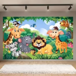 Panoul Foto Textil Animale Safari Jungla Premium (160x100 cm) COD 654B. Panou foto textil mat pentru decor aniversare, imprimeu cu animale salbatice din jungla, dimensiune 160x100 cm.