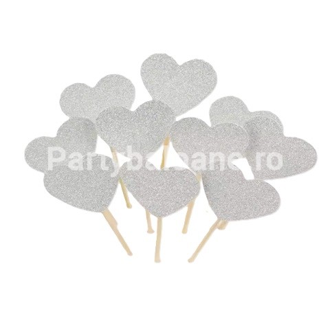 SET 10 TOPPERE CU INIMIOARE - ARGINTII GLITTER