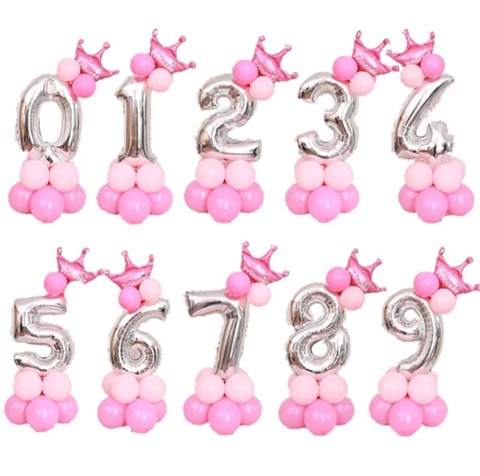 SET 14 BALOANE CU CIFRA ARGINTIE 70 CM SI CORONITA ROZ