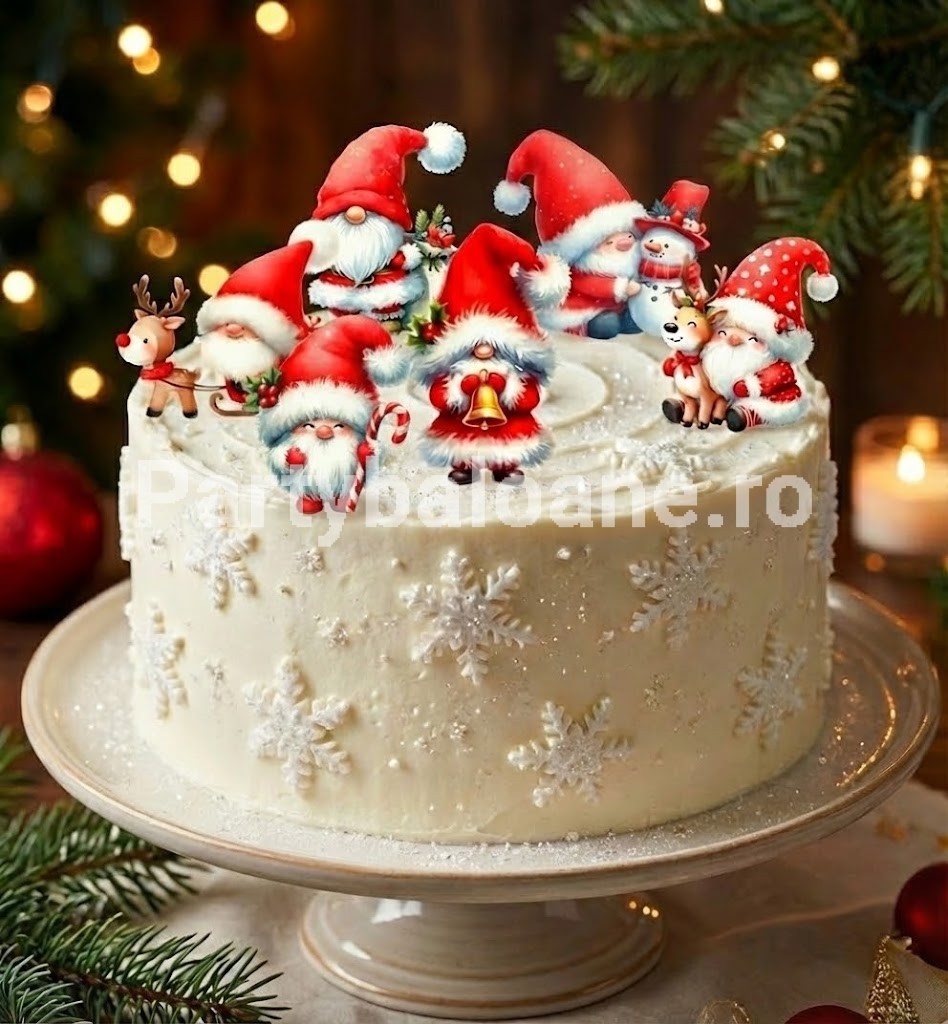 Set 6 Toppere Tort Gnomi Craciun (Carton) 8-15 cm Un set festiv de 6 toppere din carton pentru decorarea tortului de Craciun. Figurinele vesele ilustreaza gnomi scandinavi (spiridusi) cu barbi albe si caciuli rosii