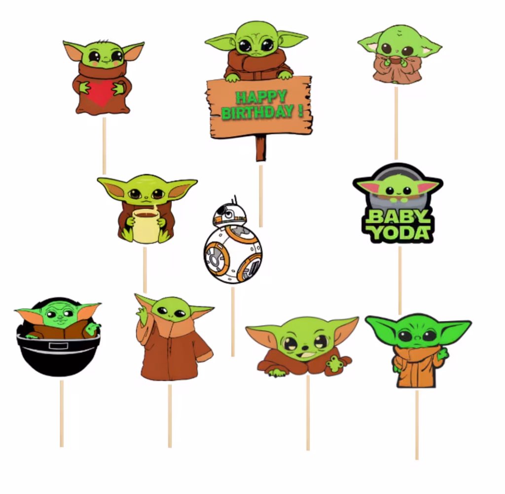 Set 10 Toppere Baby Yoda pentru Decor Tort set 10 toppere baby yoda decoratiuni tort star wars mandalorian grogu